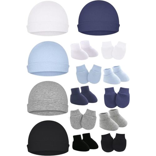 Cotton Baby Hats Mittens and Socks Set Unisex, Toddler No Scratch Mittens and Beanie Cap Infant Newborn Hospital Hat
