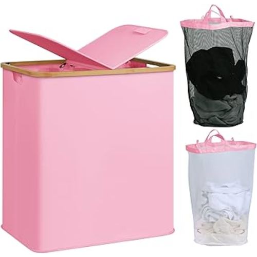 efluky Laundry Hamper with Lid, Double Laundry Hamper with 2 Removable Bags, 2 Section Laundry Basket with Bamboo Handles for Bathroom, Bedroom & Laundry Room (Pink, 140L Dual)