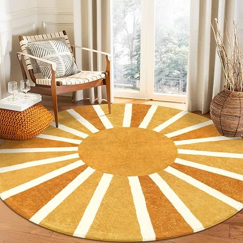 Lahome Boho Round Rugs 6Ft - Washable Round Area Rugs for Living Room Non-Slip Throw Dining Room Rug Soft Large Round Rug, Cute Rainbow Sun Print Circle Rug for Office Classroom Bedroom Nursery