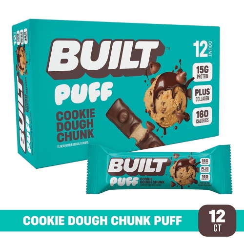 BUILT Bar, Puff Protein Snack Bars, Cookie Dough Chunk, High Protein, Collagen, Not Gluten Free, 12 Count