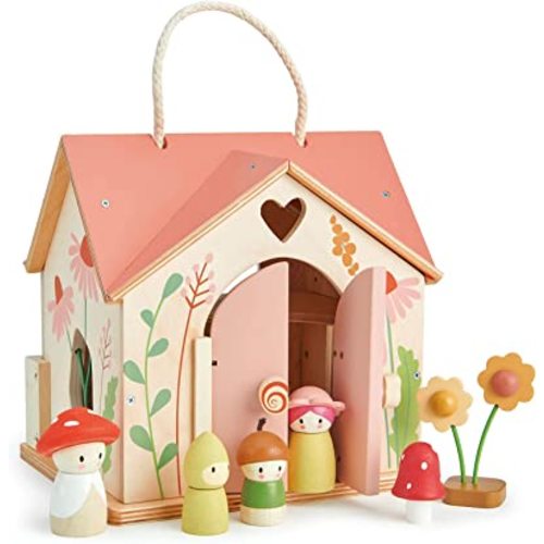 Tender Leaf Toys - Rosewood Cottage - Portable Furnished Wooden 2-Story Dollhouse Set with Handle, 4 Pcs Miniature Toadstool Family with 10 Accessories - Pretend Play Gift for Kids - Age 3+