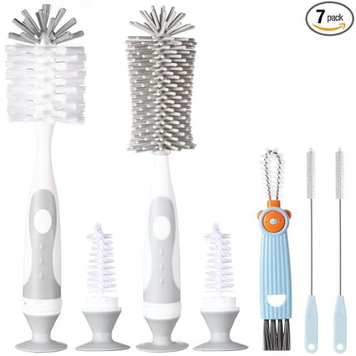 5-in-1 Baby Bottle Cleaner Set, Including Nylon & Silicone Bottle Brush, Cap, Straw & Nipple Brushes, BPA-Free (Grey)