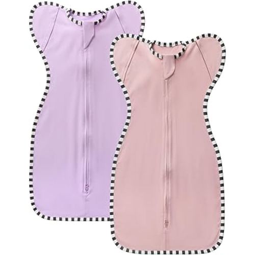Transition Swaddle, 2 Pack 100% Cotton Baby Sleep Sack, 2-Way Zipper Infant Arm Up Swaddle for Newborn Baby Boys Girls (Rose Pink + Purple, S(0-3 Months))