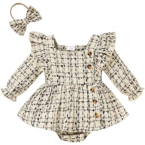 Newborn Baby Girl Fall Winter Clothes Plaid Long Sleeve Romper Buttons Outfit Ruffles Dress with Bow Headband