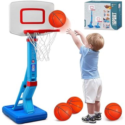 Toddler Basketball Hoop Indoor Outdoor - Height Adjustable 27.6-54 Inches (5 Slots), Kids Basketball Hoop with 4 Inflatable Balls & Pump, Safe Toddler Toys for 1-6 Year Old Boys Girls