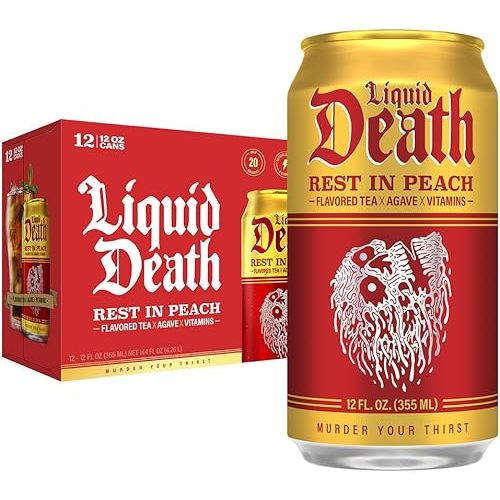 Liquid Death Iced Tea - Rest In Peach (Peach-Flavored Black Tea), Less Sugar*, Boost of Caffeine, B Vitamins, No Artificial Sweeteners, 12 Fl Oz (Pack of 12)