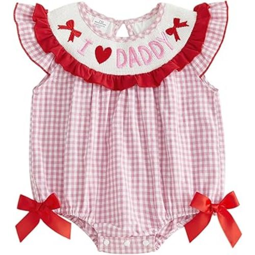 Baby Girl Bubble Romper Daddys Girl Onesie Short Sleeve Plaid Jumpsuit Fathers Day Outfit Cute Smocked Clothes
