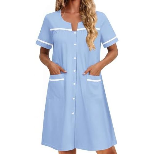 Ekouaer Nightgowns for Women Cotton House Dress with Pockets Button Down Night Gown Short Sleeve Duster Housecoat S-3XL