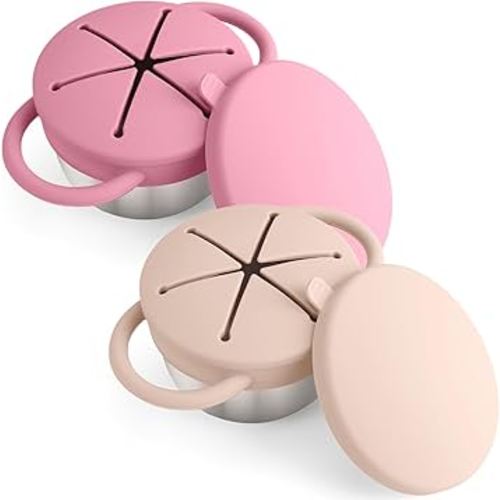 Mity rain 2-Pack Stainless Steel Snack Containers for Toddlers with Spill-Proof Silicone Lids & Handles - 3-in-1 Baby Snack Cups, No-Spill Toddler Snack Box, Perfect for On-the-Go Healthy Eating
