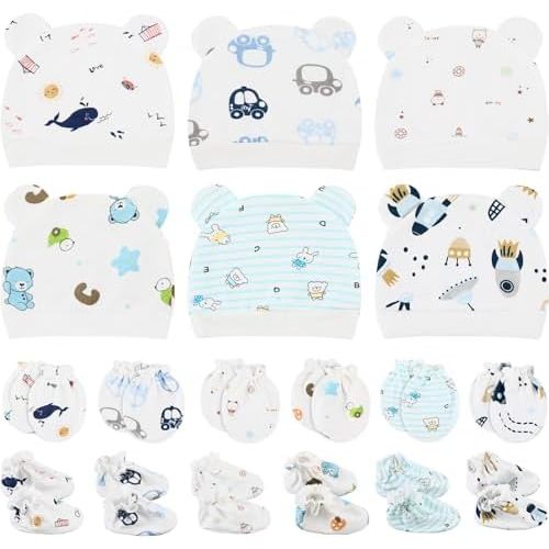 Geyoga 18 Pcs Baby Hats Mittens and Socks Set Newborn Mittens No Scratch Baby Hats and Newborn Socks for 0-6 Months