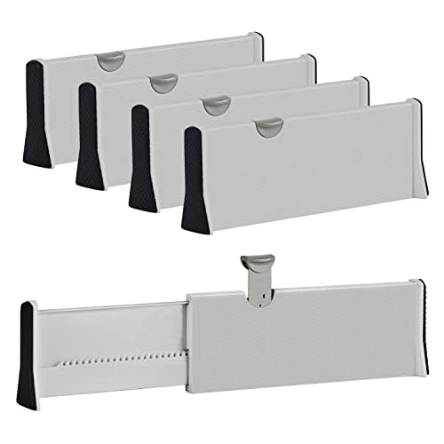 Drawer Dividers Organizer 4 Pack, Adjustable Separators 4" High Expandable from 11-17" for Bedroom, Bathroom, Closet,Clothing, Office, Kitchen Storage, Strong Secure Hold, Foam Ends, Locks in Place