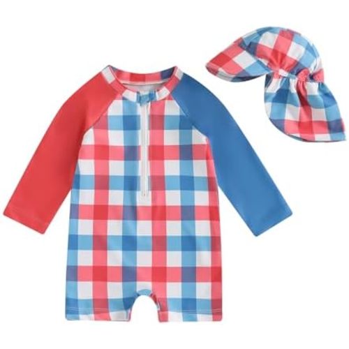 Toddler Boy 4th of July Swimsuit Popsicle/Star/Plaid Print Rashguard Sun Protection One Piece Zipper Bathing Suit