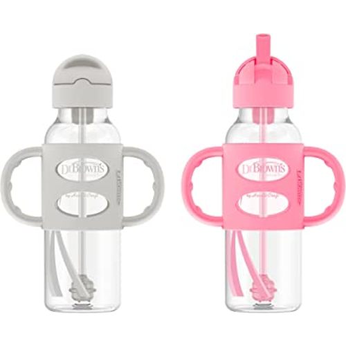 Dr. Brown's Milestones Narrow Sippy Straw Bottle, Spill-Proof with 100% Silicone Handles and Weighted Straw, 8 oz/250 mL, Gray & Pink, 6m+