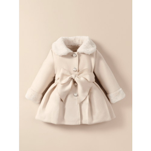 Baby Girl Fuzzy Trim Cuff Collar Pearl Button Coat