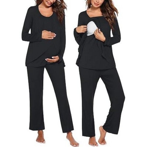 Ekouaer Maternity Nursing Pajama Set Long Sleeve Top & Pants with Pockets Breastfeeding Sleepwear Double Layer Pregnancy Black M