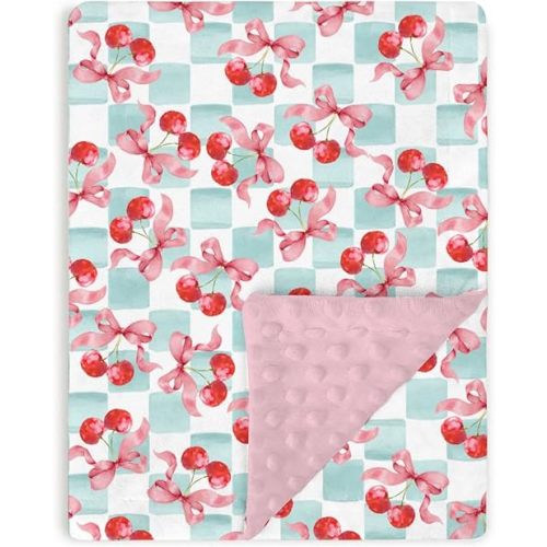 Tewrnvioc Pink Baby Blankets for Girls 30" x 40", Soft Double Layer Minky Blanket with Dotted Fleece Back, Nursery Bed Receiving Quilt Newborn Infant Toddler Shower Gift Cherry Fruit Bow Ribbon Theme
