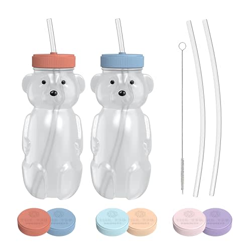Honey Bear Straw Cup for Babies, 2-Pack Honey Bear Bottle with Travel Lid, Therapy Learning Honeybear Straw Cup, Baby Bottle Set, 8 oz, Blueberry Pie & Firetruck