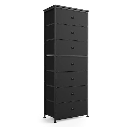 Mifuro Tall Fabric Dresser for Bedroom, Vertical Storage Organizer Tower with 7 Drawers, Chest of Drawers with Bins, Steel Frame, Wood Top for Bedroom, Closet, Entryway Black