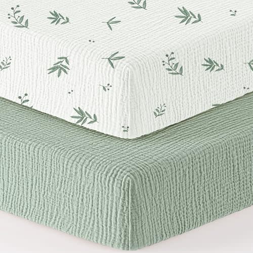 Bearmoss Muslin Mini Crib Sheets for Pack N Play Mattress - 100% Cotton - 38"x26" Soft Breathable Playard Baby Crib Sheets Neutral for Boys Girls - 2 Pack (Bamboo)
