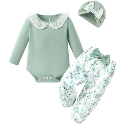 WESIDOM Baby Girl Clothes 0-24M Newborn Girls Outfits Lace Romper+Floral Pants+Cute Bow Hat Infant Babys 3Pcs Set