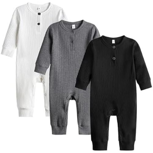 Bafeicao Baby Boy Girl 3 Pack Solid Romper Ribbed Long Sleeve