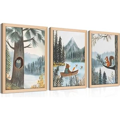 Framed Cute Animals Wall Art Set of 3, Woodland Bear Canoe Adventure Nursery Decor, Owl Squirrel Kids Room Pictures Prints, Wild Animals Canvas Wall Decor for Baby Room Decor – 12x16 inch