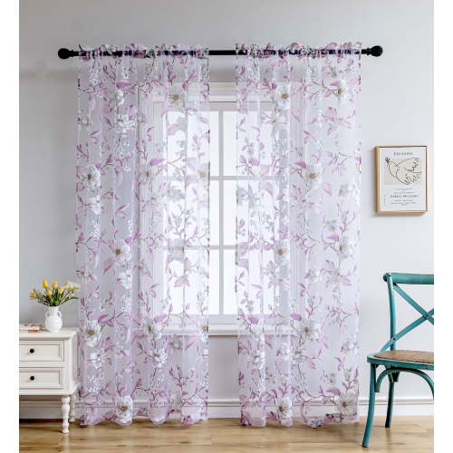 Muuphra Purple Burnout Floral Light-Filtering Curtains for Living Room Bedroom Girl's Room ,2 Panels,55×63"