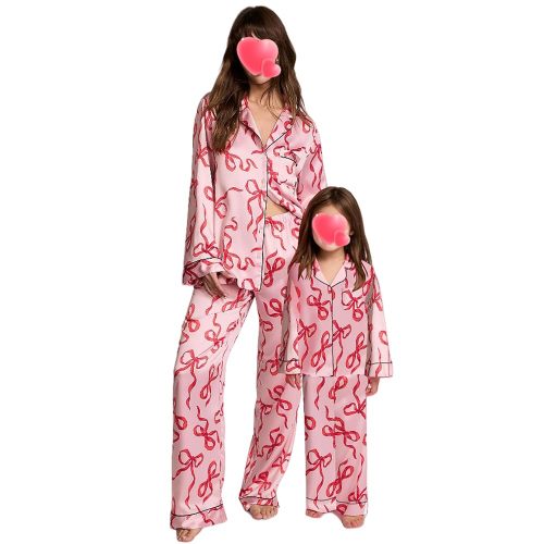 Yuemengxuan Mommy and Me Valentine's Day Pajamas Sets Bow Matching Set Bow Tie Sleeve Love Heart Shirt Pants for Women Girls