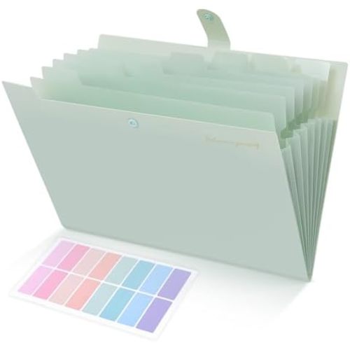 SKYDUE Expanding File Folder, Accordion File Organizer with 8 Pocket, Expandable Document Paper Receipt Holder for School Office Hospital, Letter/A4 Size Light Green