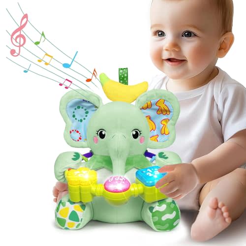 Baby Bilingual Musical Elephant Stuffed Animals Toys,Infant Early Learning Toy with Light-Up Music & Crinkle,Tummy Time Toys for 0 3 6 9 12+ Months for Baby Boy Girl Gift,Green