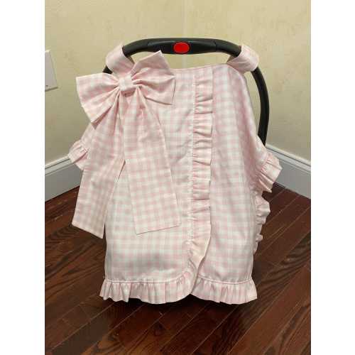 Gingham Car Seat Canopy with Large Bow and Ruffle, Monogrammed Car Seat Tent, Personalized Baby Shower Gift