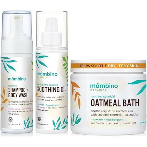 Mambino Organics Soothing Bath Set, Organic Oatmeal Bath Soak, Soothe Me Shampoo & Body Wash, and Calming Oil, Gentle for Sensitive Skin, Vegan, Baby Bath Essentials, 3-Pack, 5.5 oz Each