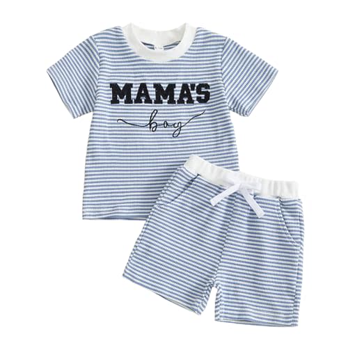 Baby Boys Summer Clothes Striped Mamas Boy Waffle Short Sleeve T-shirt Tops Shorts Set 6 12 18 24 Months Outfits