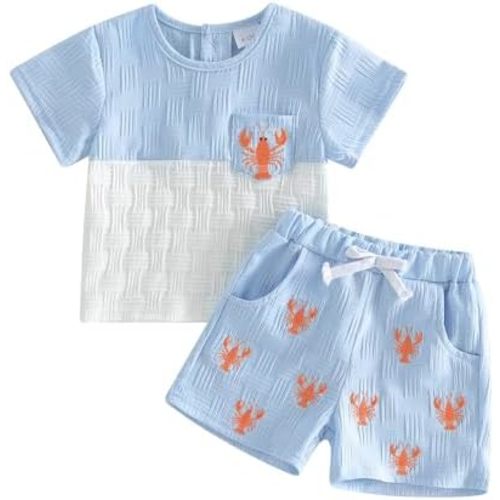 SAYOO Toddler Boy Lobster Short Outfit Crawfish/Turtle/Crab Embroidery Short Sleeve Tops Stripe Shorts 2Pcs Animal Outfit