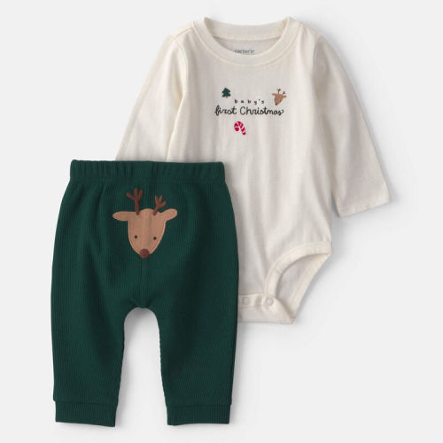Baby 2-Piece 'Baby's First Christmas' Long-Sleeve Bodysuit & Pant Set - Ivory/Green | Carter’s Oshkosh Canada