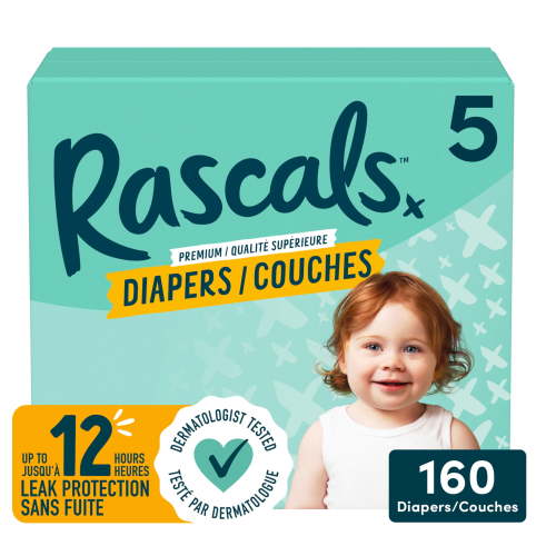 Rascals Premium Absorbent Baby Diapers, Size 5, Mega Carton, 160 Count - Walmart.ca