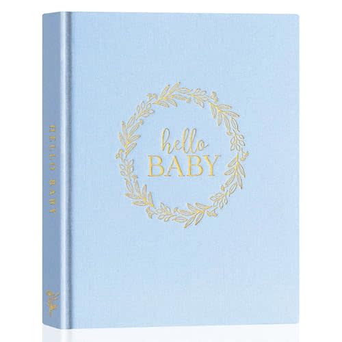 Lanpn Hello Baby Memory Book for Boy Girl - Linen Cover Baby Book Memories Keepsake for New Parents - Newborn Baby First 5 Year Journal Scrapbook Photo Album Baby Milestone Book (Blue, 154 Pages)