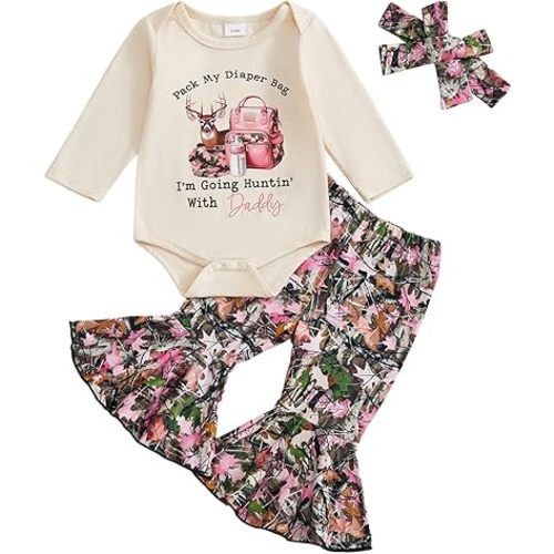 KMBANGI Baby Girl Hunting Outfits Newborn Long Sleeve Letters Print Shirts Romper Leaf Flare Pants 3Pcs Fall Infant Clothing