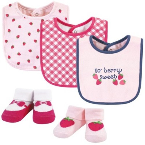 Hudson Baby Infant Girls Cotton Bib and Sock Set, Pink Strawberry, One Size