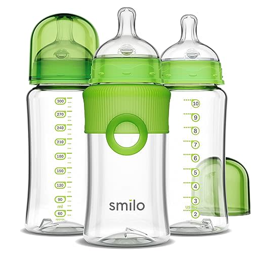 Smilo Baby Bottle Set with Stage 0 Slow Flow Anti Colic Nipple, 10 Oz / 300 ml Capacity, 3X Pack of Anti Colic Baby Bottles 0-3 Months - Green