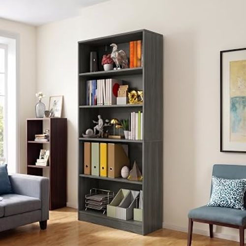 holzart 71" Tall Book Shelf, 5 Tier Large Bookshelf, Standing Wood Display Shelf for Living Room, Office, 31.5" W x 70.87" H x 11.81" D, Dark Grey