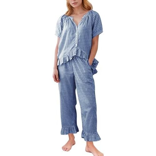 Flygo Womens Plaid 2 Piece Pajamas Sets Gingham Button Down Puff Sleeve Babydoll Shirt Ruffle Pants Y2K Pjs Lounge Set