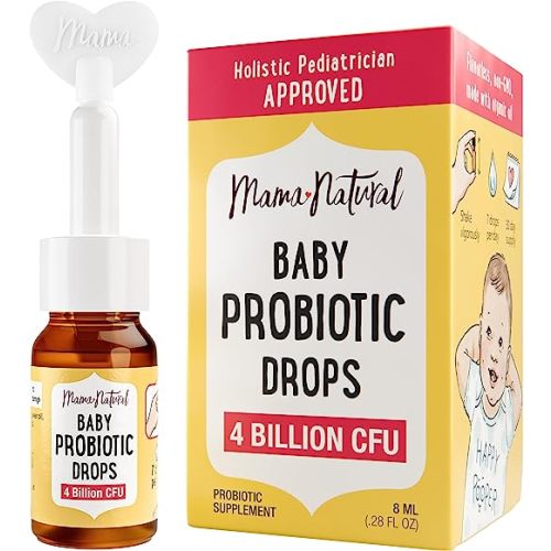 Mama Natural Baby Probiotic Drops (0.28 Fl Oz) | 4 Billion CFU Pediatrician-Tested Infant Probiotic Helps with Colic Relief for Newborns & Constipation Ease for Infants - Unflavored Baby Gas Drops