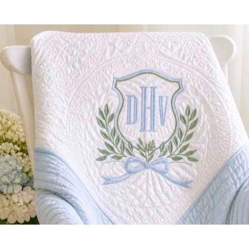 Personalized Baby Quilt: Embroidered Vintage Elegant Crest Monogram, Heirloom Blanket, Baby Shower, Sprinkle Gift