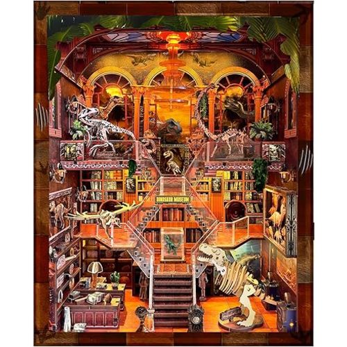 Book Nook Kit - DIY Booknook for Dinosaur Museum 3D Wooden Puzzle with LED Light, Stunning Bookshelf Decor, for Holidays, Birthdays & Home Libraries