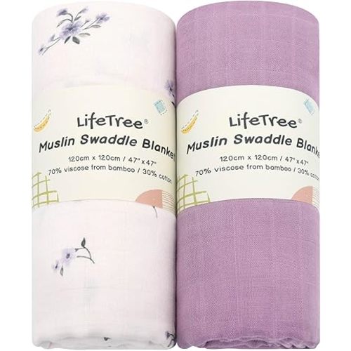 LifeTree Baby Swaddle Blankets, Boys Girls Muslin Swaddling Wrap Receiving Blanket for Newborn, 70% Viscose from Bamboo and 30% Cotton, Large 47" x 47", Flower and Mauve Pattern