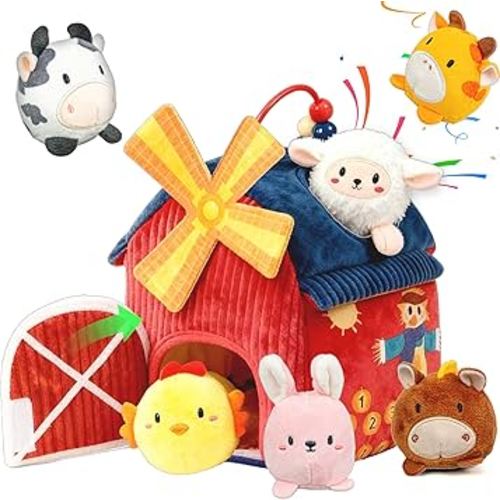 brenzo Barnyard Baby Toys 6-12 Months, 7-Piece Montessori Sensory Playset Babies 0-3, Tummy Time Companion w/ 6 Farm Animals, Rattle, Crinkle, Squeaker & Mirror, Ideal Newborn Toddler Christmas Gift