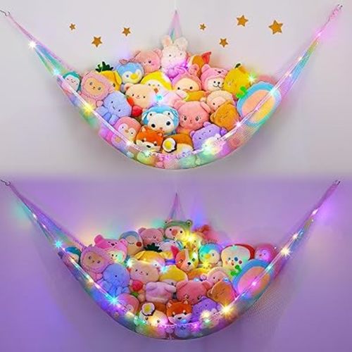 Unicorn Castle Stuffed Animals Net Hammock Toy Storage with LED Light Plush Toy Organizer Corner Hanging Stuffed Animals Holder For Nursery Room Decor