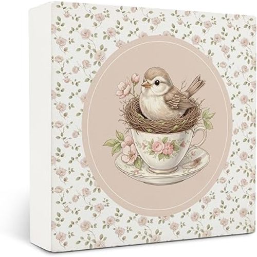 Flower Bird Wooden Box Sign Desk Decor, Rustic Bird Nest Teacup Wood Block Sign for Girls Room Nursery Bedroom Home Desk Table Shelf Wall Decorations, 5x5 Inch