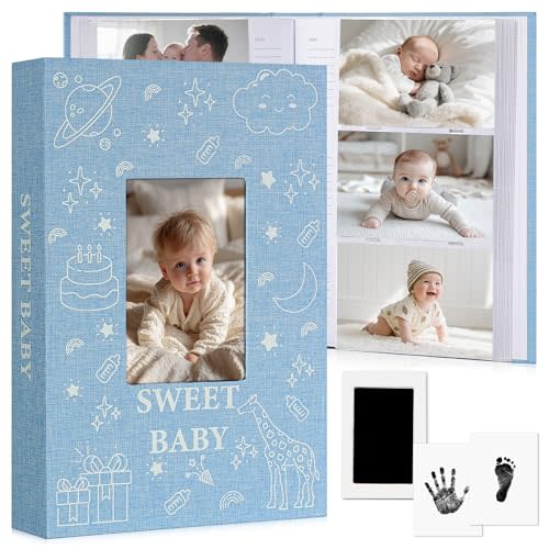 Baby Photo Album 4x6 300 Pockets with Memo Area & Hand and Footprint Kit, Linen Cover Slip-in Memory Book with Front Window, Acid-Free Keepsake for Newborn Boy Girl, First Year Moments